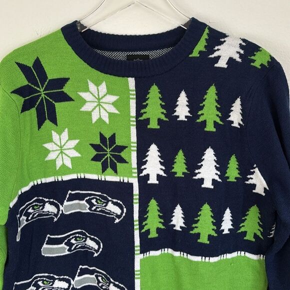 Seattle Seahawks NFL Team Apparel Christmas Sweater Lime Green Blue Size Large - Picture 2 of 11
